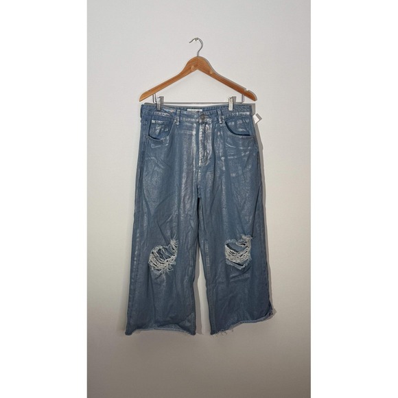 Fashionova Wide Leg Jeans Women Size 13 Silver Metallic Distressed Cropped - Picture 2 of 13